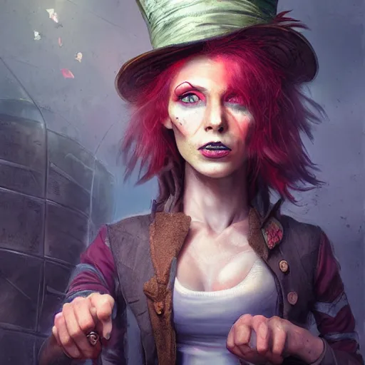 Image similar to realistic, full body portrait, attractive grungy female mad hatter, by Jordan Grimmer and greg rutkowski, crisp lines and color,