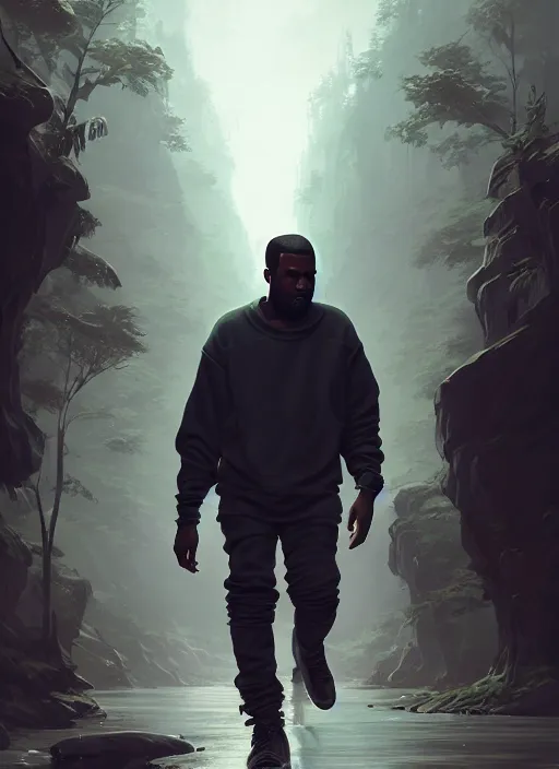 Image similar to highly detailed portrait kanye west walking towards the camera gta v stephen bliss unreal engine fantasy art by greg rutkowski loish rhads ferdinand knab makoto shinkai lois van baarle ilya kuvshinov rossdraws tom bagshaw global illumination radiant light detailed intricate environment