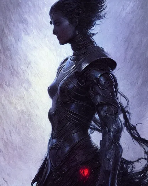 Prompt: a beautiful woman dark hair in an armor with dark eyes, perfect body, perfect face, highly detailed, elegant, dark blue, ethereal horror fantasy art by greg rutkowski and magali villeneuve and claude monet