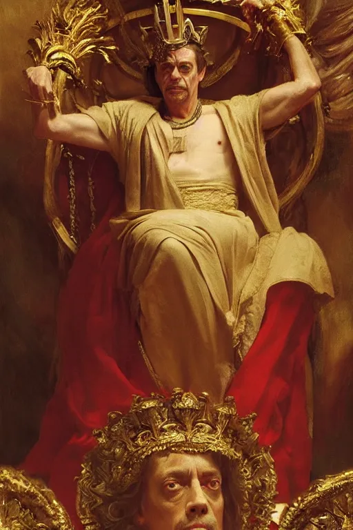 Image similar to beautiful portrait oil painting, steve buscemi wearing a golden wreath crown in royal crimson robes enthroned as the god emperor of ancient rome, mid - shot, by anders zorn, wonderful masterpiece by greg rutkowski, beautiful cinematic light, american romanticism, by thomas lawrence, greg rutkowski