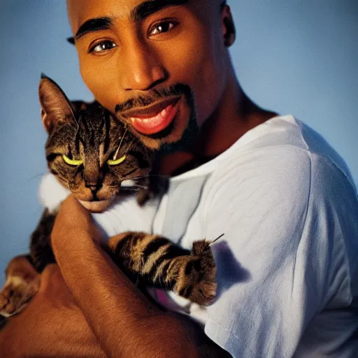 Prompt: tupac holding a cat, 4 k