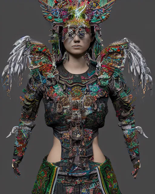 Image similar to 3 d warrior goddess medium shot portrait. beautiful hyperrealistic intricate highly detailed magpie helm and richly embroidered blouse, quetzalcoatl, korean hanbok, bioluminescent, curious, kintsugi, plasma, lava, ice, feather, artwork by tooth wu and chiara bautista, octane 3 d render