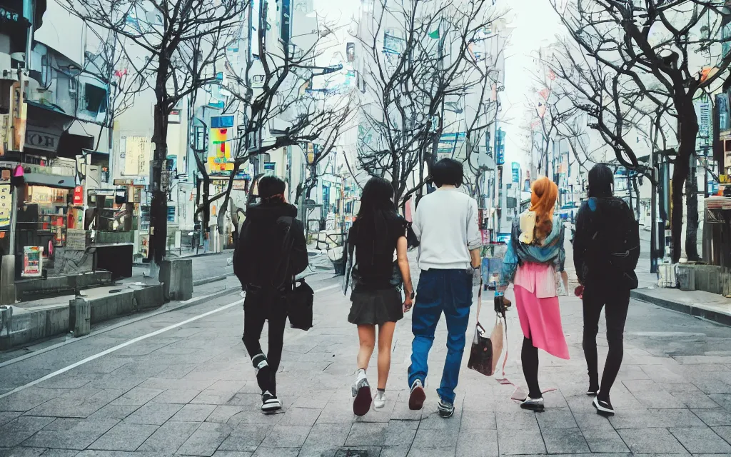 Image similar to 3 humans walking in a city mixed between tokyo and paris, near the see, lofi, dreamy, modofy, very colorful, anime inspiration, ghibli vibe