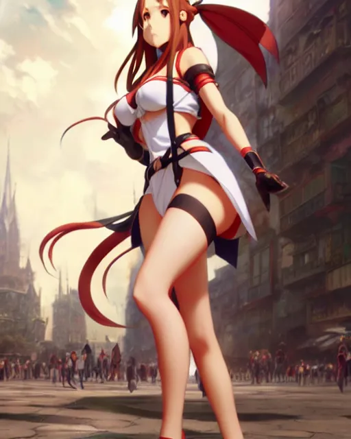 Prompt: pinup photo of asuna from sao in the crowded square of the city, asuna by a - 1 pictures, by by greg rutkowski, gil elvgren, enoch bolles, glossy skin, pearlescent, anime, very coherent, maxim magazine, 3 d, vray, unreal 5, maya