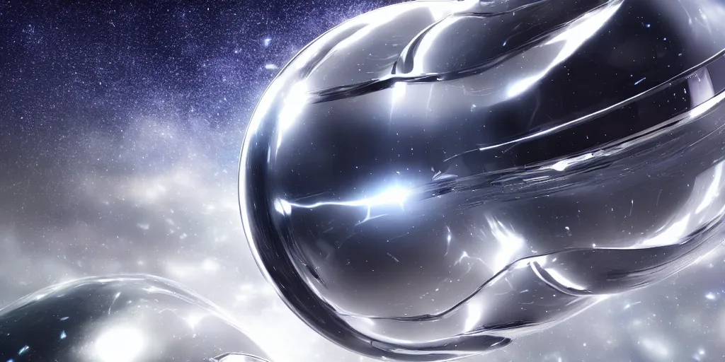 Image similar to chrome blob flying through space futuristic hyperspeed photorealistic render unreal ultrawide