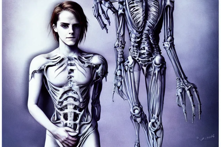 Prompt: emma watson by h. r. giger, light blue tint, biomechanical, concept art