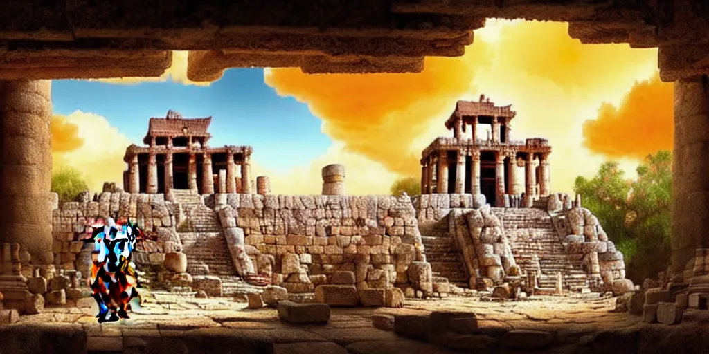 Image similar to illusion painting hidden temple in the clouds : an adorable small fox in the huge ruins of the second temple in jerusalem. a new temple hovers quietly hiding in the dreamy clouds above. a hooded bearded old man in a brown tunic laughing, colorful 8 k, art station, intricate superb details, digital art, illusion painting hidden image.