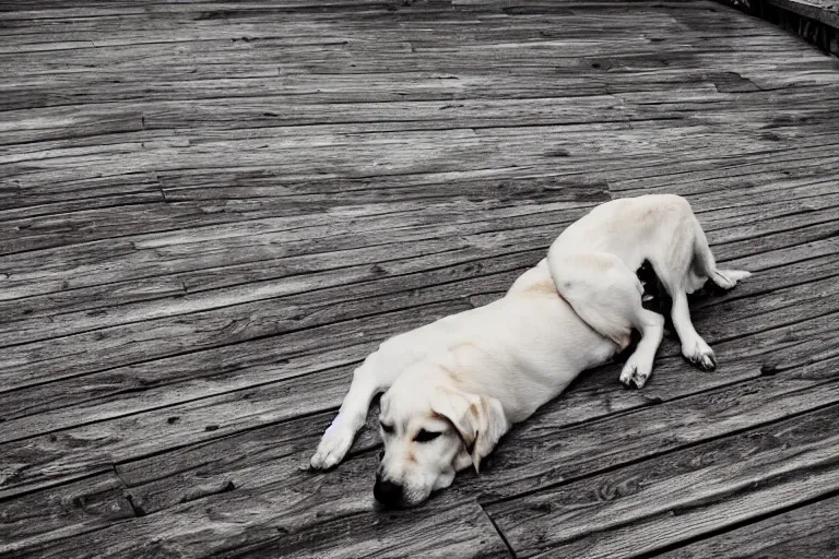 Prompt: old dog lying on a wooden dusty boardwalk