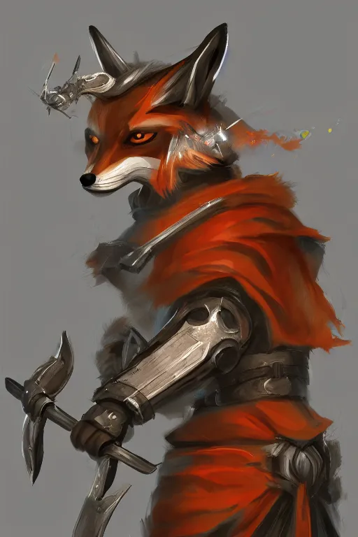 Prompt: anthropomorphic fox wielding dual blades wearing samurai clothes standing on top of robot scraps, concept art, digital painting, trending on artstation, electric sparks, moody lighting