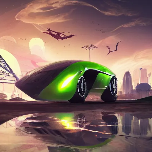 Image similar to solarpunk hovercar, clean energy, green technology, batoidea shape, highway, sunny day, futurism, intricate, engines, glow, highly detailed, peaceful, utopia, bright, digital painting, artstation, concept art, smooth, sharp focus, epic landscape, art by akihiko yoshida and tim mcburnie and anato finnstark