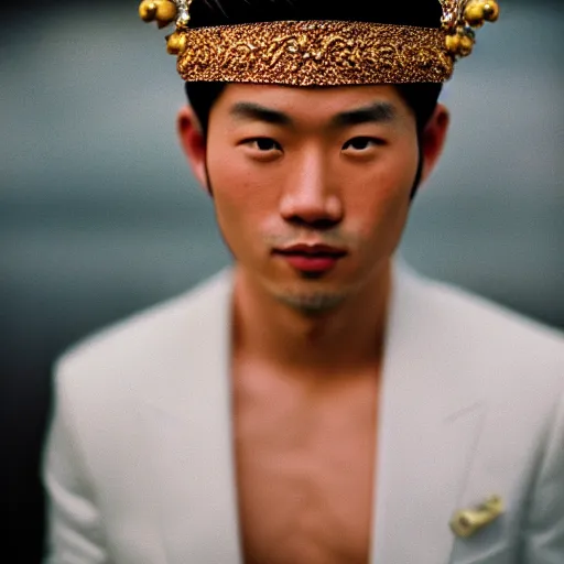 Image similar to Portrait of a handsome asian young man wearing a crown and jewelry, fashion, cinematic lighting, captured in low light, sharp focus, detailed, cinestill 800t