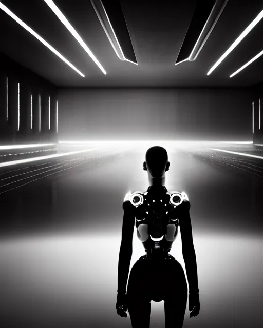 Image similar to black and white high quality photo of a beautiful futuristic female human-AI-cyborg looking into a sci-fi mirror:: volumetric lighting, liminal space, brutalism, foggy, dreamy, hyperdetailed, bokeh, photorealistic, cinematic, masterpiece, Metropolis, elegant, dark, octane render, 8K, photograph taking in 1910