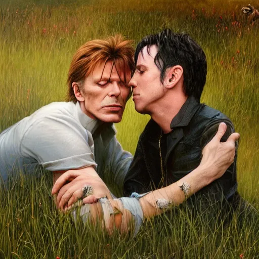 Image similar to david bowie and trent reznor are in a beautiful meadow in love and happy. gay male couple. from the television show merlin ( 2 0 0 8 ). ; high - detailed oil painting by igor sychev and mark keathley trending on artstation, masterpiece, 4 k