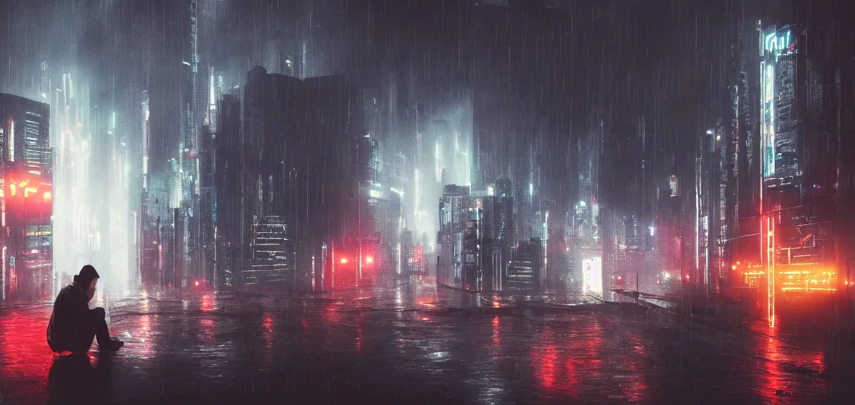 Image similar to shot of the roof with single man sitting on the edge during rain, below impressive cyberpunk night city during great rainy storm with lightning, nightscape, futuristic architecture, realistic photo, neons, blade runner, akira style, cinematic lighting, cinematic angles