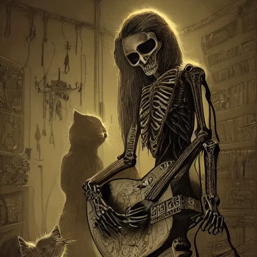 Image similar to skeleton wearing headphones, watching girl playing guitar while her black cat standing next to her, detailed intricate ink illustration, dark atmosphere, detailed illustration, hd, 4k, digital art, overdetailed art, by greg rutkowski, by loish, complementing colors, Trending on artstation