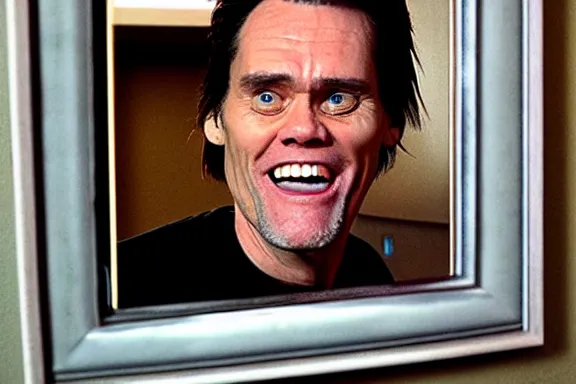 Prompt: jim carrey making a silly face in front of the bathroom mirror