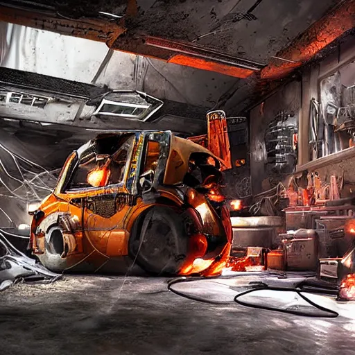 Image similar to oversized mokey wrench, tangles of metallic cables, dark messy smoke - filled cluttered workshop, dark, dramatic lighting, orange tint, sparks, plasma charges, cinematic, highly detailed, sci - fi, futuristic, movie still