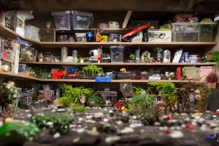 Prompt: garage with carnivorous plants on the shelves and packing peanuts on the floor, scene from tv show hyper detailed 5 5 mm 8 5 mm, low - light photography by tyler mitchell, made out of plastic