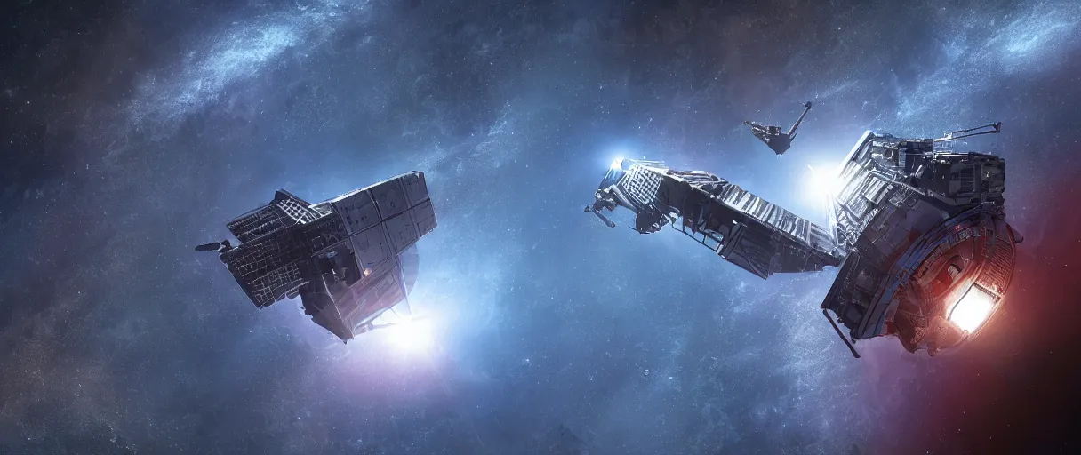 Image similar to illustration, a single small spaceship, deep space exploration, alone, the expanse tv series, industrial design, battlestar galactica tv series (2004), cinematic lighting, 4k, greebles, widescreen, wide angle, sharp and blocky shapes, extraterrestrial paradise, hyper realistic, hubble photography, the final frontier, beksinski
