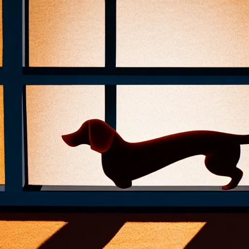 Prompt: dachshund brown dog laying on carpet in a beam of sunlight coming through window in a dark room, realistic