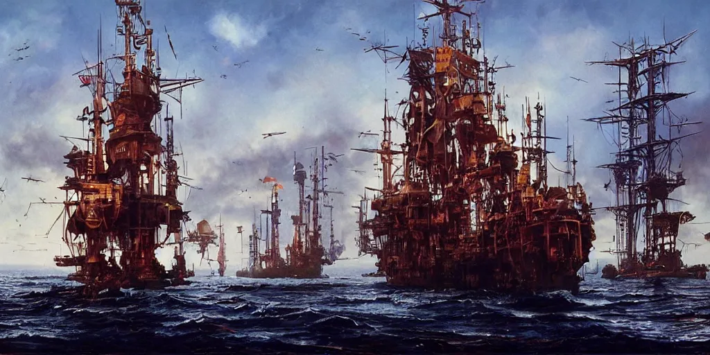 Prompt: realistic illustration retrofuturistic dieselpunk pirate ship exploration survey sci-fi peter elson, john berkey