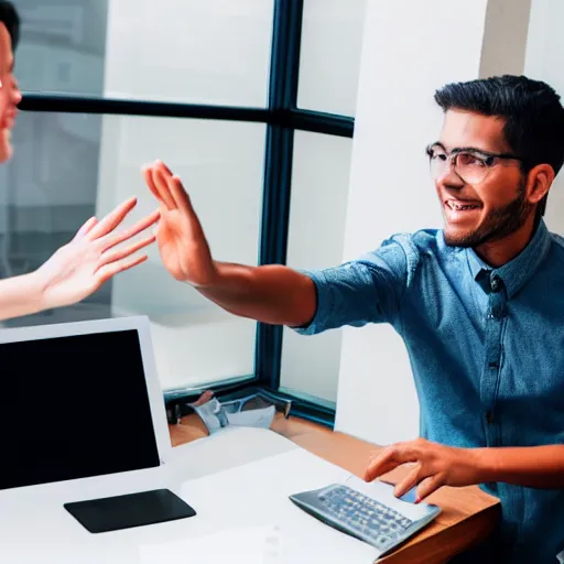 Image similar to photo of a young man waving goodbye to his coworker in office