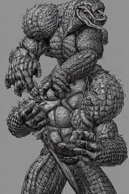 Image similar to portrait of a muscular crocodile man barbarian, furry art, fursona, anthro, detailed scales, akira toriyama