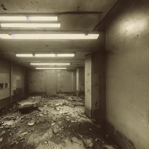 Image similar to photograph of the interior abandoned soviet research lab, weird humanoid monster in the background, liminal space, rundown, backrooms, fluorescent lights, surreal ambiance, film grain, polaroid, brutalist, artstation