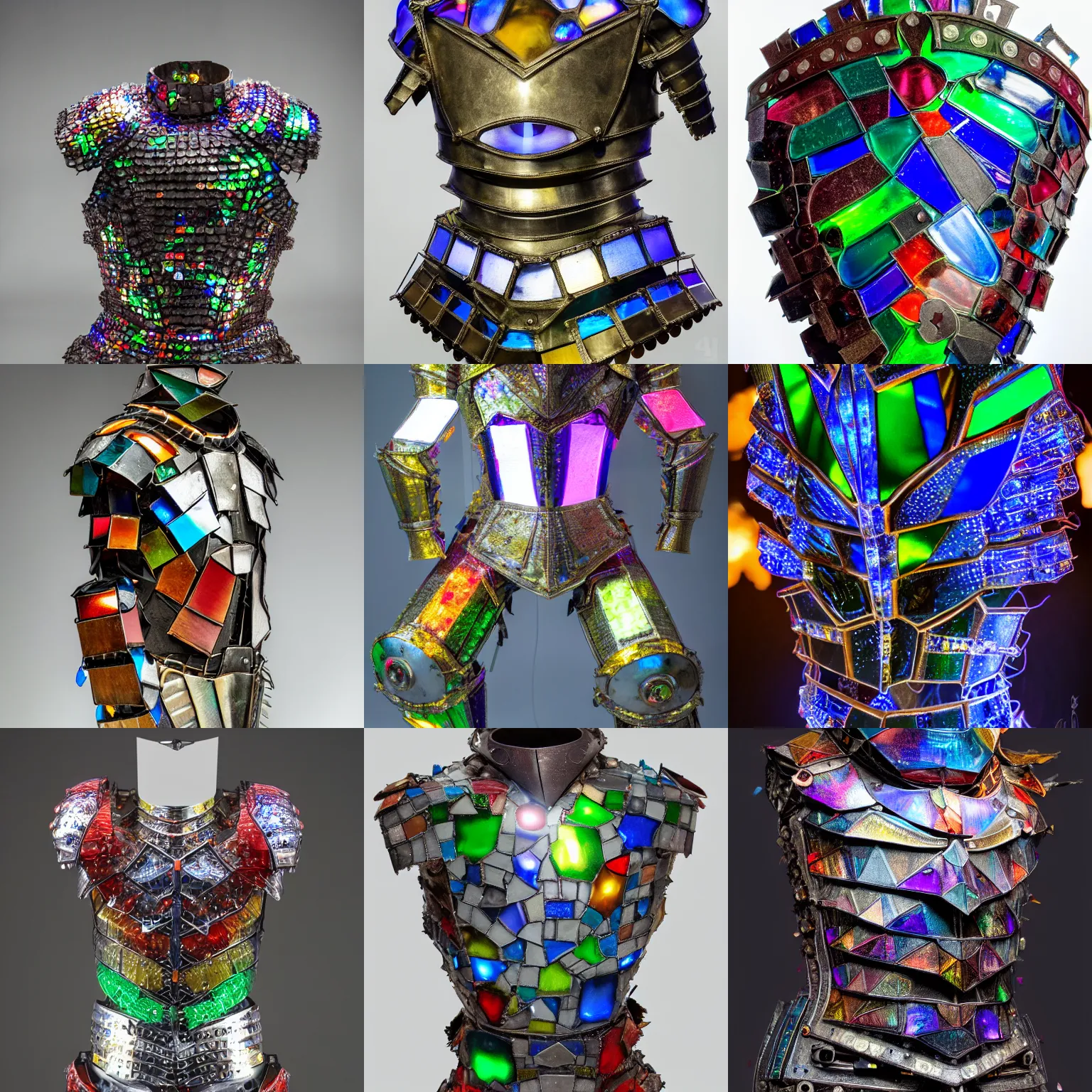 Prompt: armor made of colored glass shards by chris wood, shining led lights inside, detailed 4 k photo