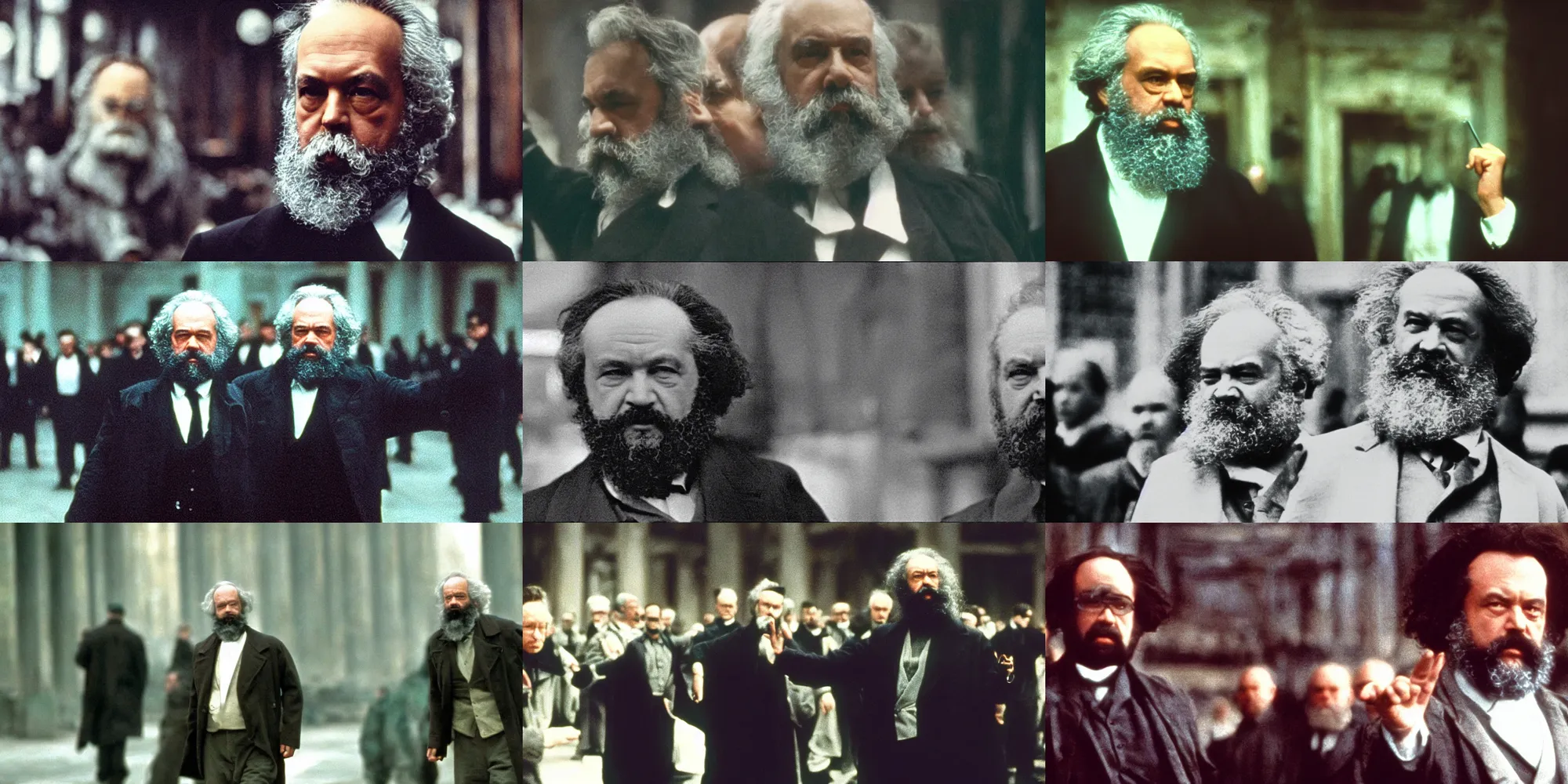 Prompt: karl marx in the matrix ( 1 9 9 9 ), cinestill 8 0 0 t, movie still, film grain