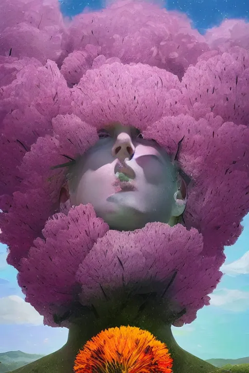 Prompt: closeup, giant flowers as a head with mohawk, woman in heather field, surreal photography, starlight, storm clouds, impressionist painting, digital painting, artstation, simon stalenhag