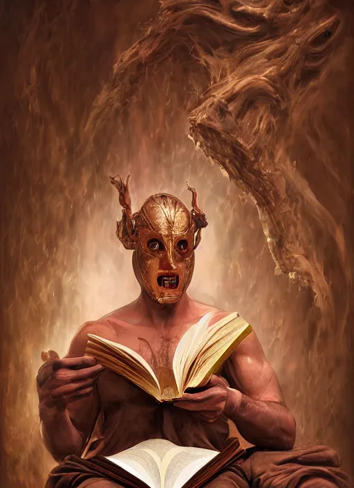 Image similar to Magic Floating Thespian Mask reading a book, bodyless, theater mask, mask only, Ivan Aivakovsky, Boris Vallejo, epic fantasy character art, D&D Concept Art, Realistic, Regal, Refined, extremely detailed, Detailed Digital Art, Oil Paining, Exquisite detail, post-processing, masterpiece, Cinematic Lighting, Unreal Engine, 8k, HD, Stanley Artgerm Lau, WLOP, Rossdraws, Frank Frazetta, Andrei Riabovitchev, Marc Simonetti, trending on artstation, flawless