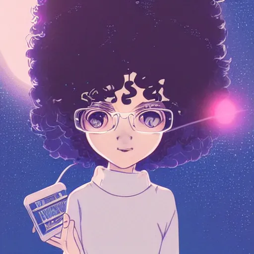 Prompt: cute impoverished college stoner woman studies pulsar stars. long frizzy hair, black velvet, glass, film, occlusion, shadow, specular reflection, rim light, artstation, pinterest, art by range murata and ilya kuvshinov.