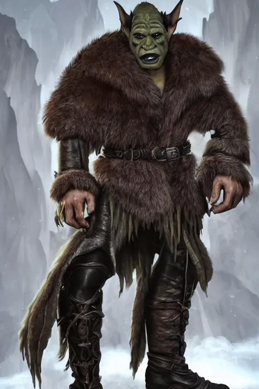 Prompt: A full body shot of a handsome orc!!! looking into the camera wearing a leather fur jacket and boots, full body shot, detailed face, portrait, artstation, realistic, highly detailed, symmetrical, D&D, Dungeons & Dragons, hyper realistic, dynamic pose, high detail, octane render, unreal engine, 8k, fantasy art, highly detailed, dramatic lighting, concept art