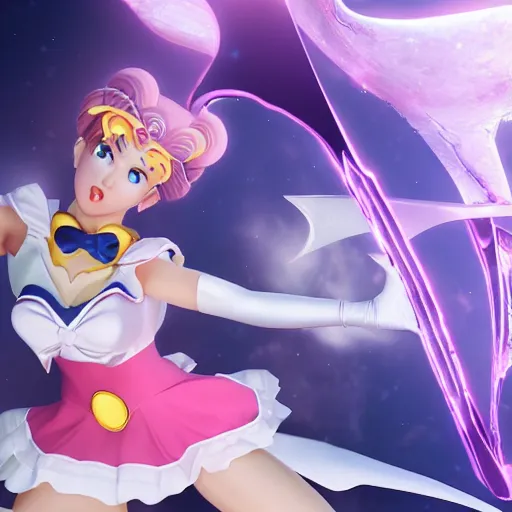 Image similar to super sailor moon vs absolute evil extreme details volumetric lighting epic dramatic realistic unreal engine render