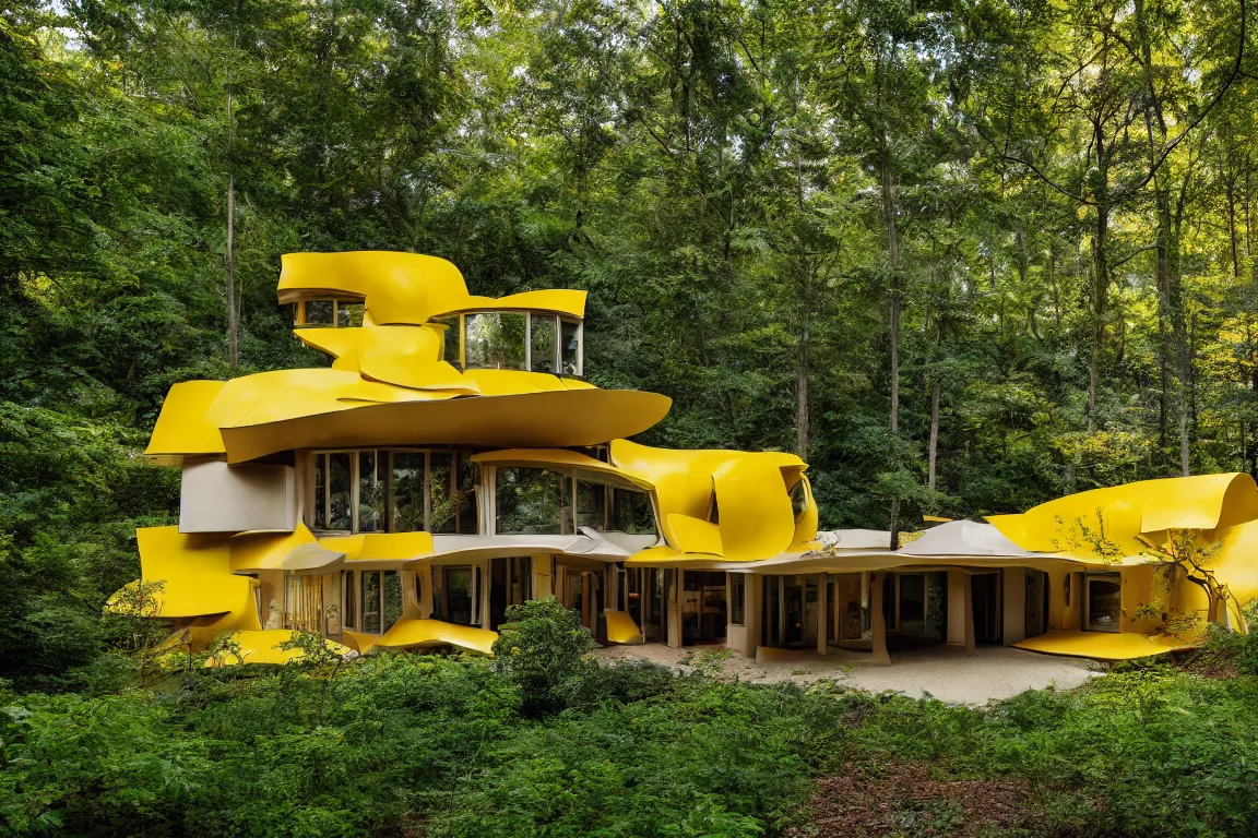 Prompt: a mid century modern house in a forest, designed by Frank Gehry. Tiles. Small gravel driveway . Film grain, cinematic, yellow hue