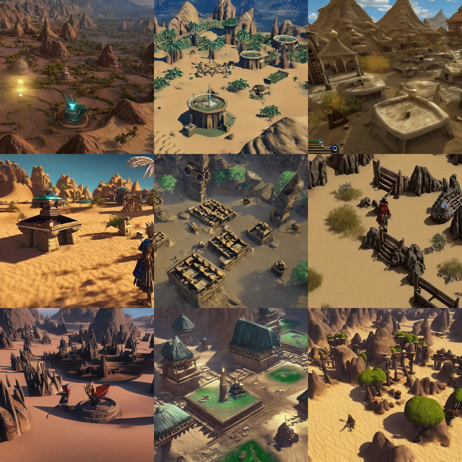 Prompt: a beautiful isolated sacred spiritual fantasy alien village in a vast sand desert, player character, screenshot, gameplay, final fantasy, square enix, squaresoft, jrpg, unreal engine