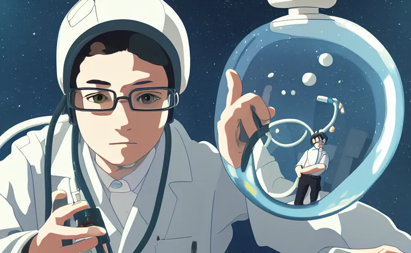 Image similar to a film still portrait of a nerdy scientist rocketing in a hallway cubic snake bubble, finely detailed features, closeup at the faces, chronenberg, perfect art, grimdark, trending on pixiv fanbox, painted by studio ghibli