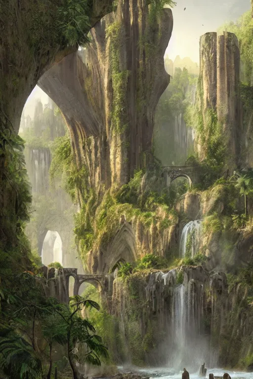 Image similar to gigantic castle, arches adorned pillars, towers, archways, gnarly trees, lush vegetation, forrest, a small stream runs beneath the waterfall, landscape, raphael lacoste, eddie mendoza, alex ross, concept art, matte painting, highly detailed, rule of thirds, dynamic lighting, cinematic, detailed, denoised, centerd