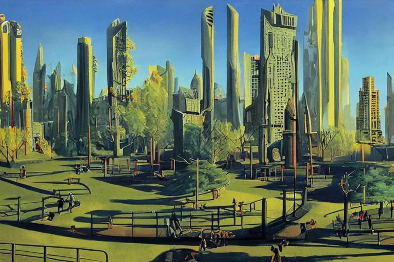 Image similar to city park surrounded by a tall defense wall. art in cyberpunk style by dali, and vincent di fate