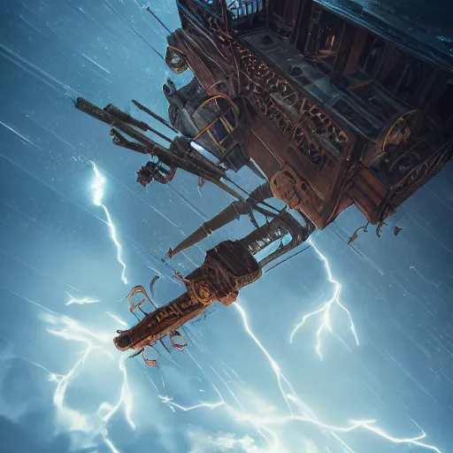 Image similar to a flying steampunk fortress, intricate, behrens style, octane render, fantasy digital art, beautiful composition, trending on artstation, night, meteors, lightning!!!, lightning, lightning, dramatic lighting, blood snow, eldritch