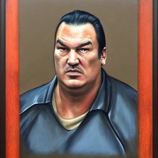 Image similar to portrait of sad steven seagal behind!! prison bars!!, realistic, detailed