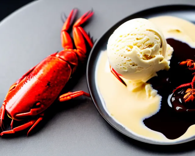 Image similar to dslr food photograph of vanilla ice cream with crawfish, some chocolate sauce, 8 5 mm f 1. 4