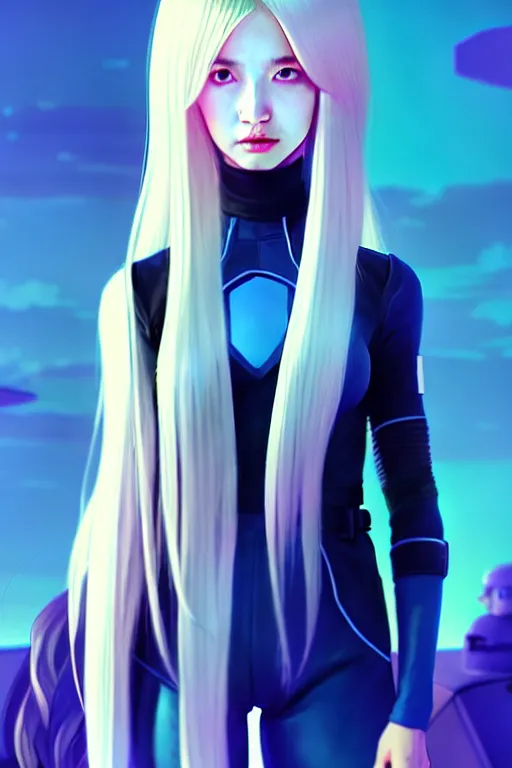 Image similar to perfect android girl family, full body character design, artgem, scifi, futuristic design, bae suzy, long white hair!!!, blue eyes, bold fashion and strong silhouettes, cinematic lighting, highly detailed, artstation, divine, by huifeng huang, beeple, goro fujita, smooth gradient.