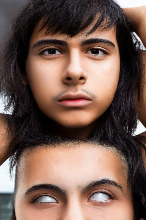 Prompt: close up headshot of an androgynous Hispanic teen with medium length slightly wavy black hair a wide smile brown eyes a small nose tidy plucked eyebrows dark brown eyes and a diamond shaped face, high resolution film still, 8k, gazing dark brown eyes, HDR color