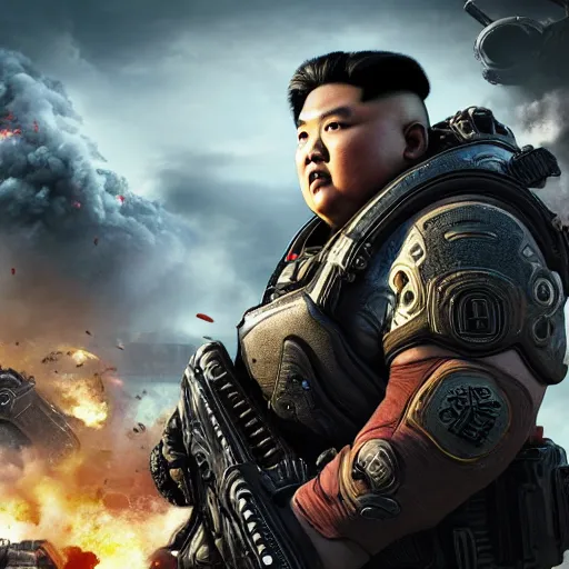 Image similar to kim - jong un in gears of war, splash art, movie still, detailed face, cinematic lighting, dramatic, octane render, long lens, shallow depth of field, bokeh, anamorphic lens flare, 8 k, hyper detailed, 3 5 mm film grain