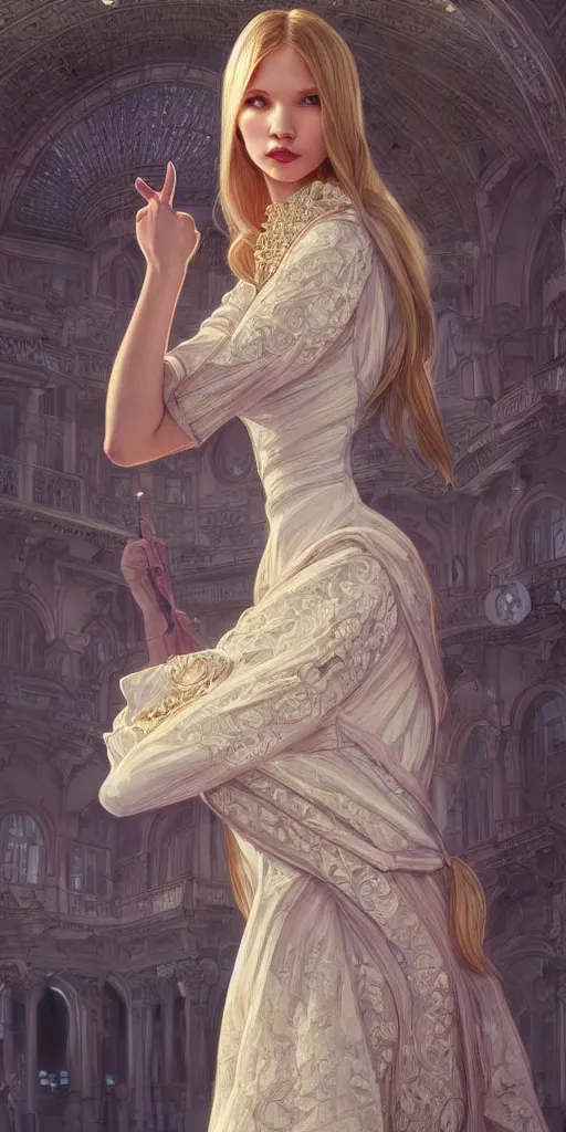 Image similar to sasha luss, mayors daughter, smart, clever, cheeky, elegant fantasy dress, town hall, intricate, highly detailed, digital painting, artstation, concept art, smooth, sharp focus, illustration, Unreal Engine 5, 8K, art by artgerm and greg rutkowski and alphonse mucha, by Jesper Ejsing