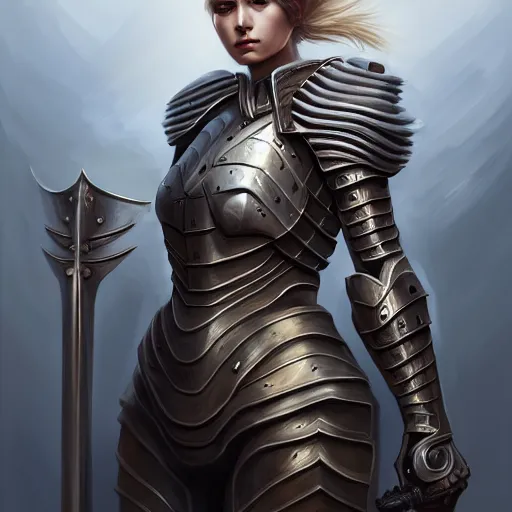 Prompt: portrait digital painting of an armored woman holding a sword by the handle. intricate, elegant, highly detailed, digital painting, artstation, concept art, smooth, sharp focus, illustration, by terry wei, qiu fang, tooth wu, kan liu, siwoo kim, jisu choe