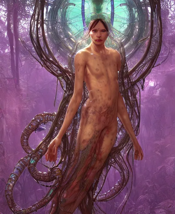 Image similar to opulent transparent clear see - through portrait of a terrifying beautiful male alien centipede ai software, mottled coloring, adorable, childlike, overgrown biopunk jungle environment, ultra realistic, concept art, art nouveau, photorealistic, octane render, 8 k, unreal engine. art by christopher marley and artgerm and greg rutkowski and alphonse mucha