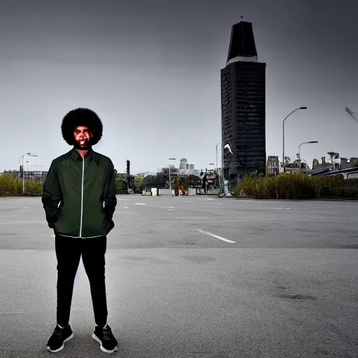 Image similar to photograph of a black man with afro hair and stubble wearing an adidas army green jacket ( ( ( the size of a tower ) ) ), looming over dublin